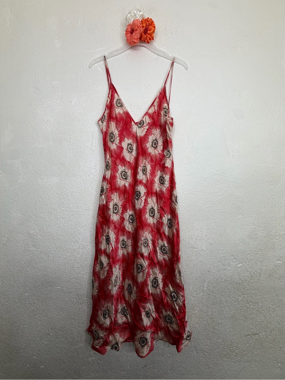 Vintage In The Now 100% Silk Red Sunburst Floral Midi Slip Dress - Size 8